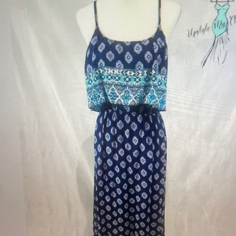 Pink Rose Navy Blue Printed Spaghetti Strap Maxi Dress with Teal Accents